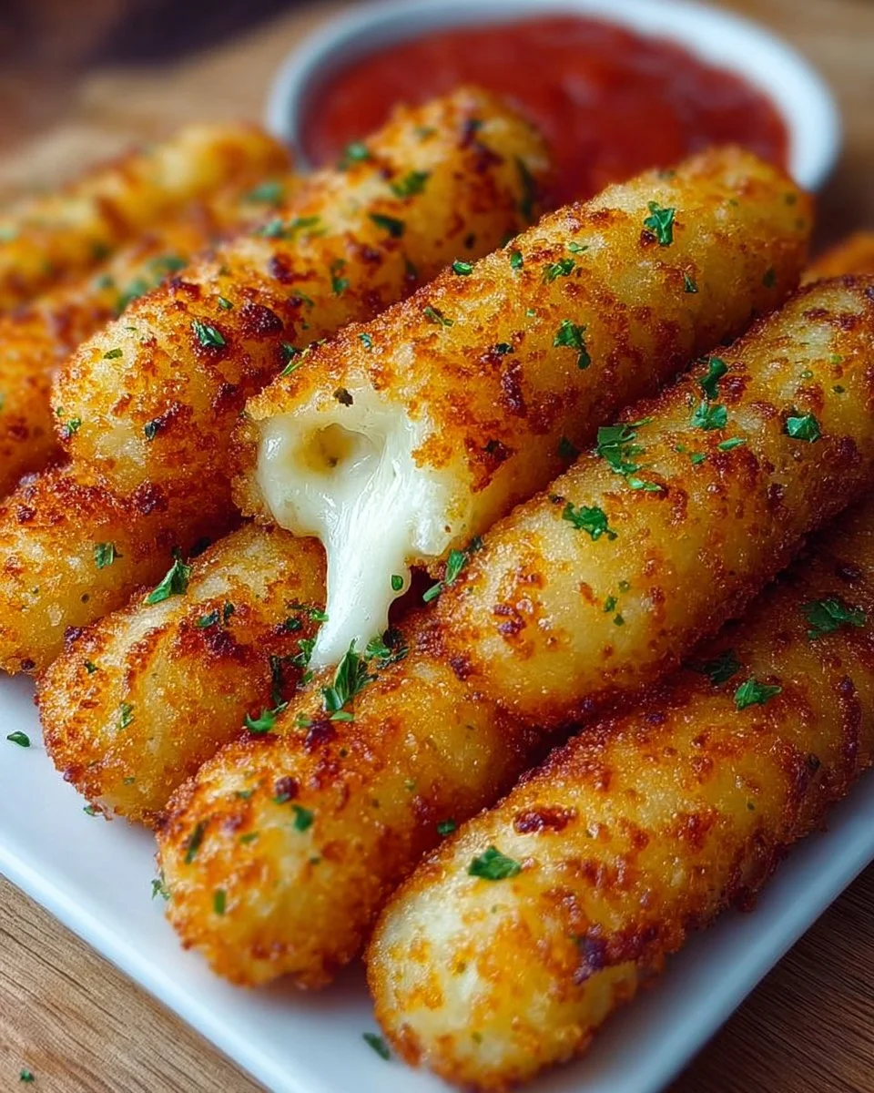 Baked homemade mozzarella sticks served with marinara sauce
