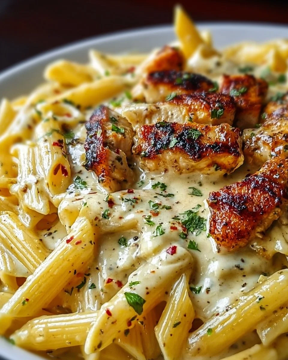 Indulgent garlic butter chicken penne with creamy three-cheese sauce