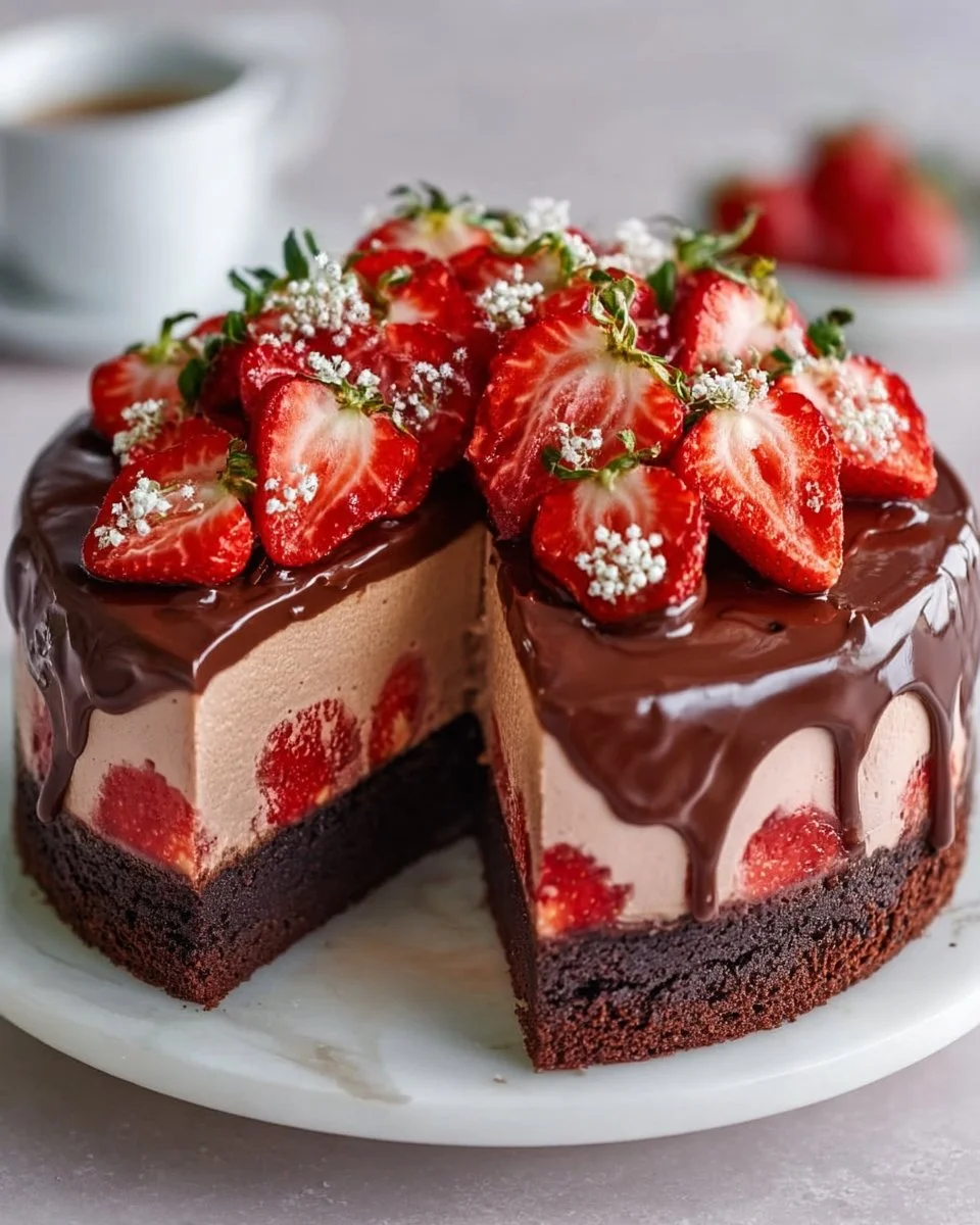 Indulgent strawberry chocolate shell cake garnished with fresh strawberries
