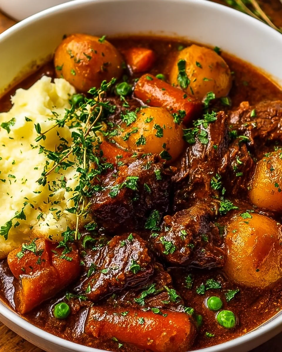 A hearty bowl of Irish Guinness Beef Stew featuring tender meat and rich sauce.