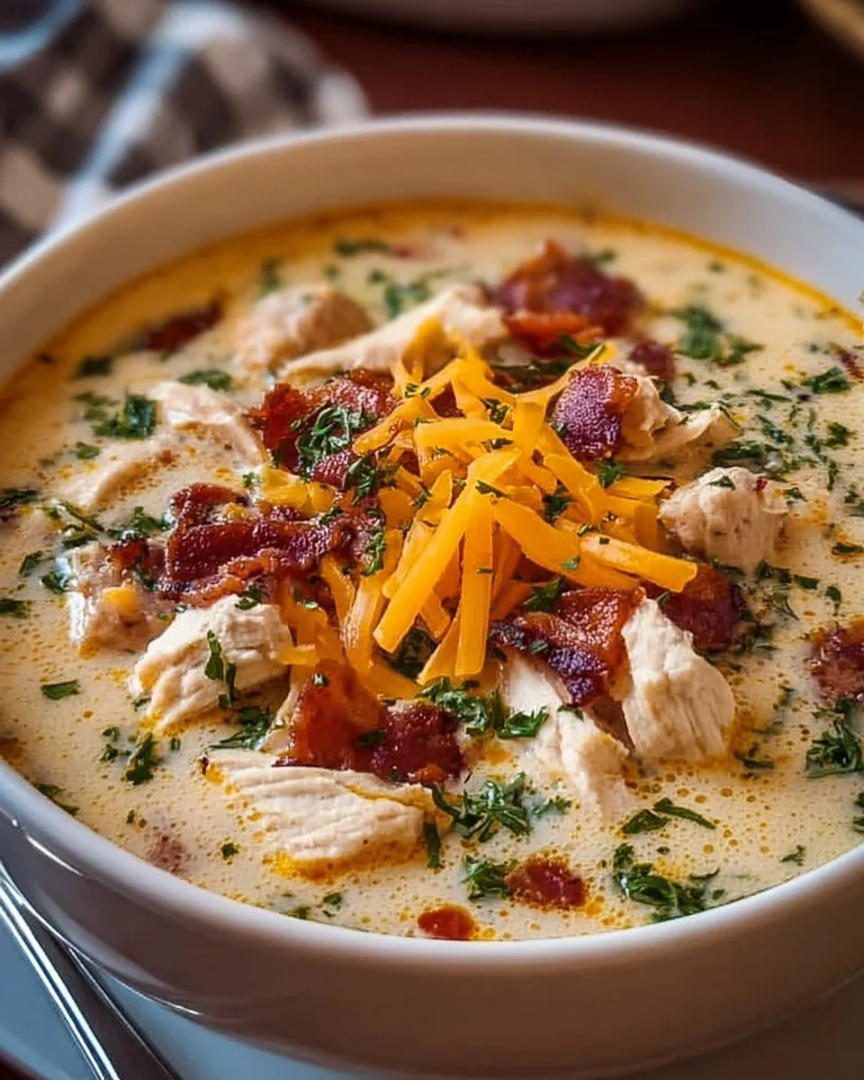 Bowl of creamy slow cooker low carb crack chicken soup garnished with herbs