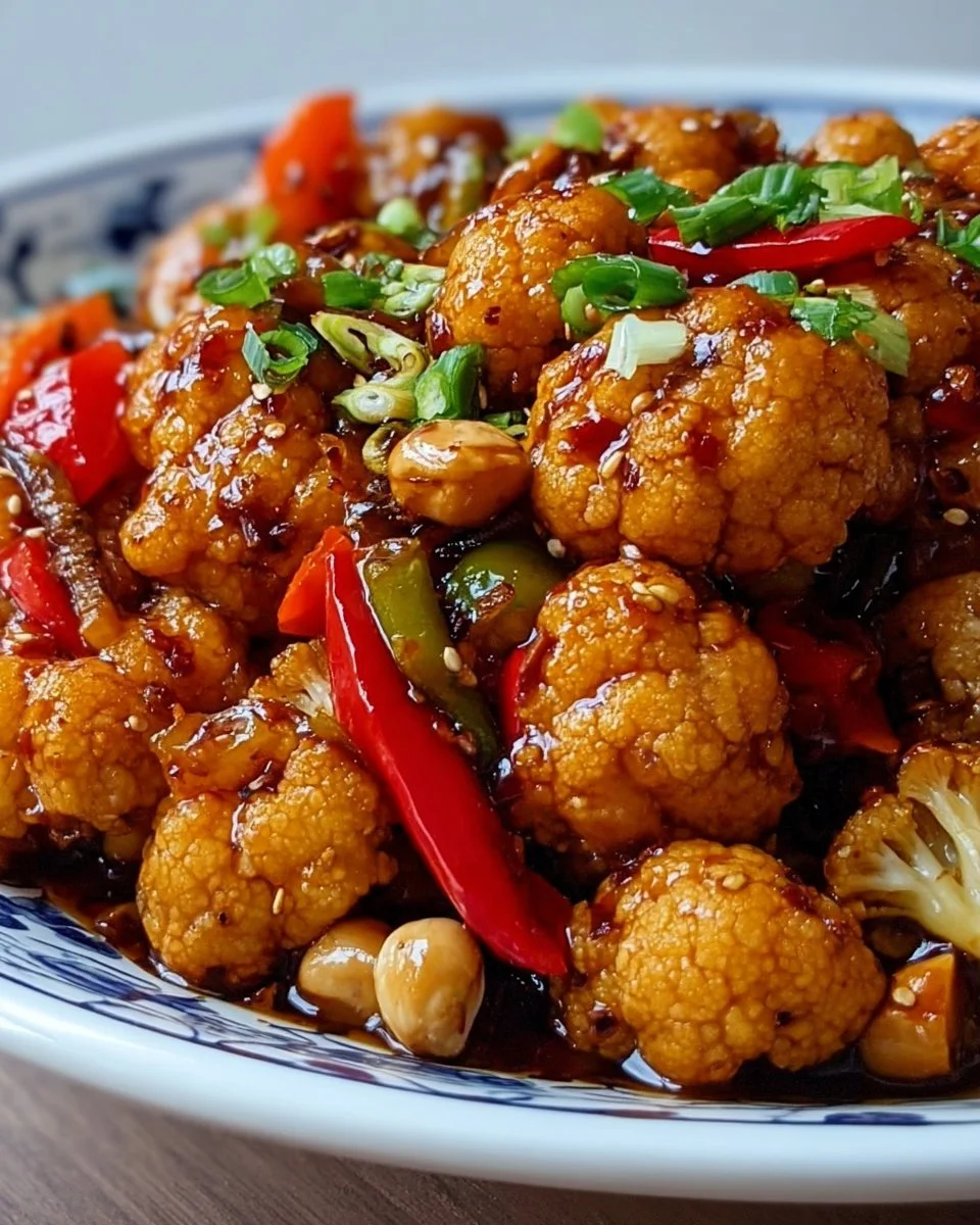 Delicious plate of Kung Pao Cauliflower garnished with peanuts and green onions