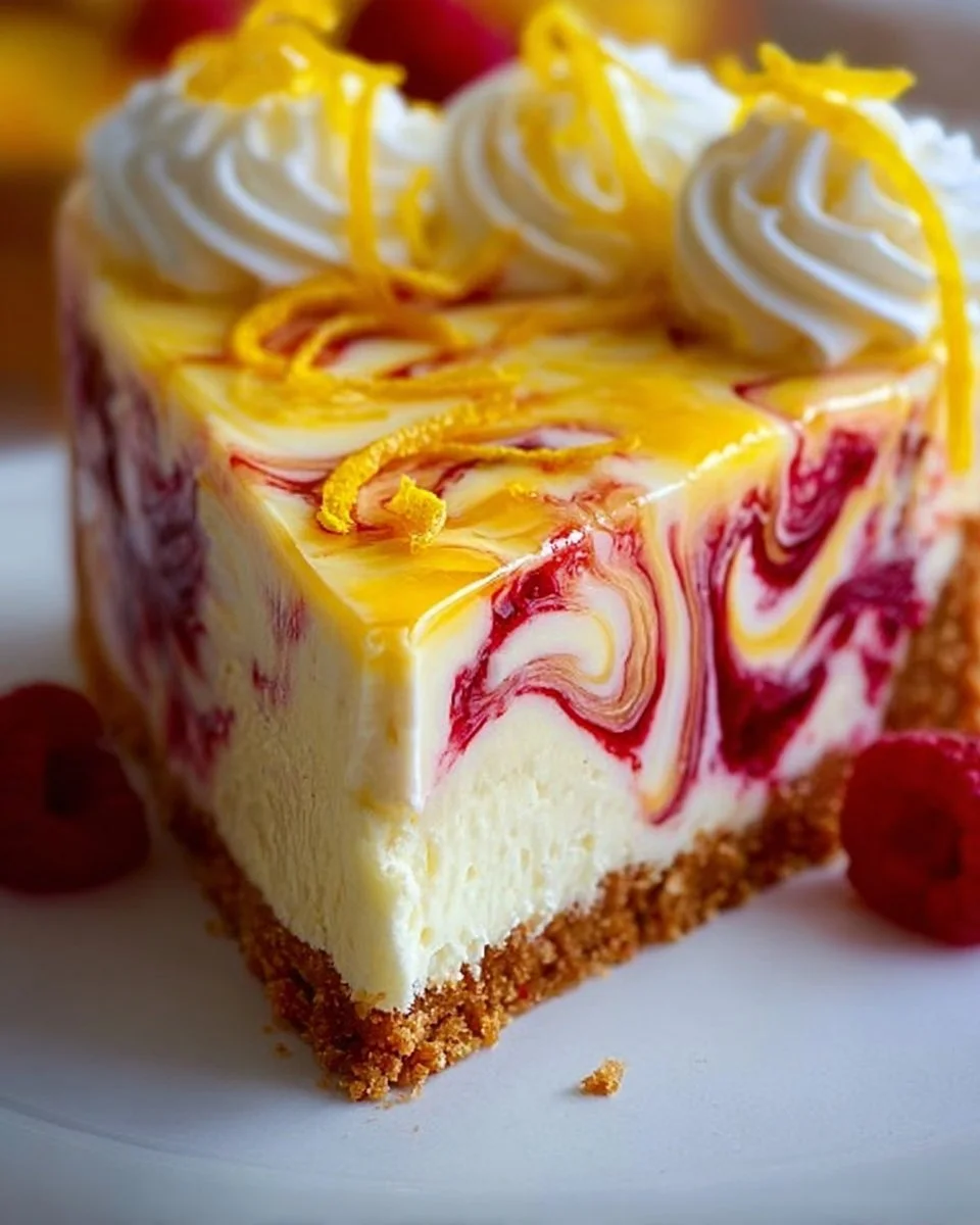 Delicious lemon raspberry swirl cheesecake topped with fresh raspberries.
