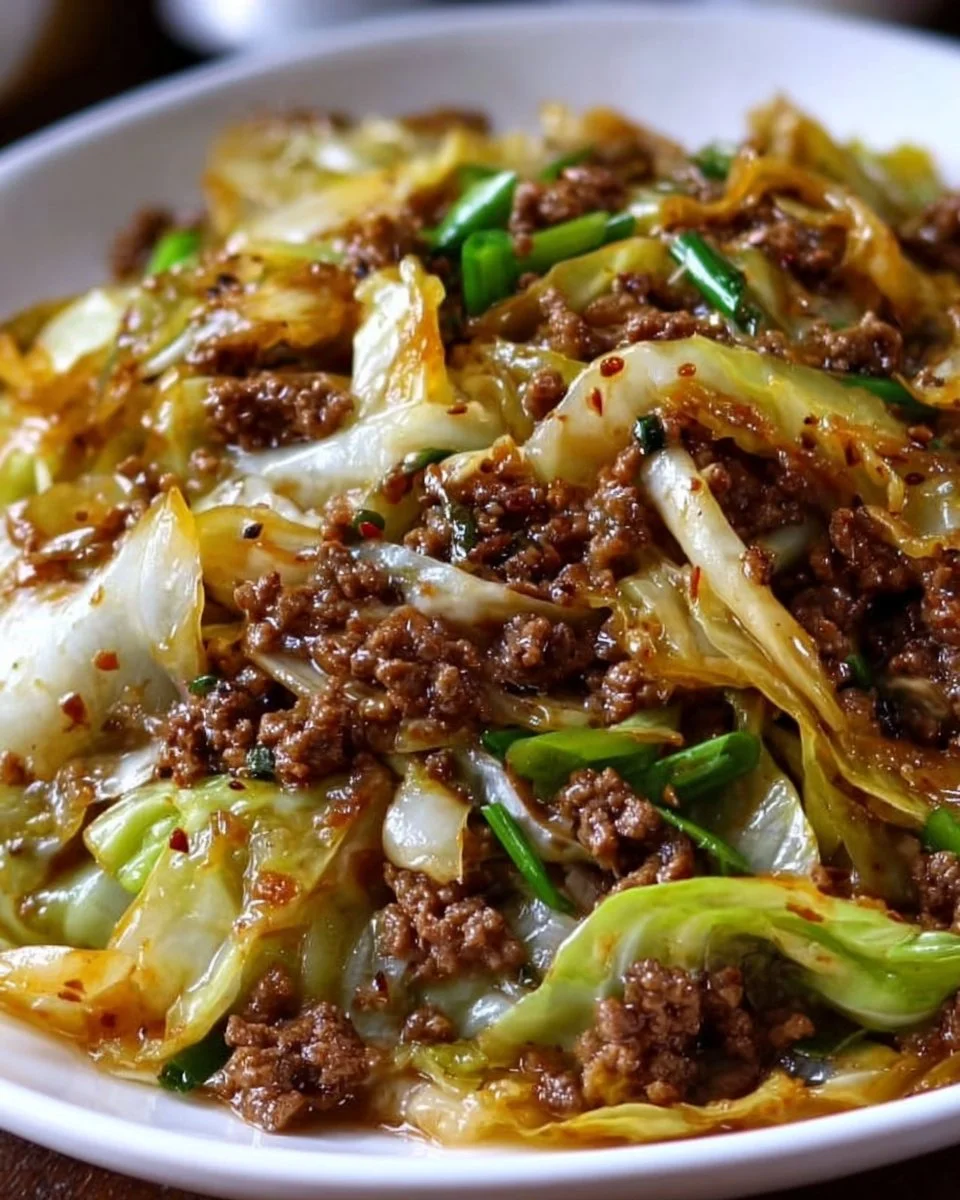 Low Carb Mongolian Ground Beef with Cabbage dish served on a plate