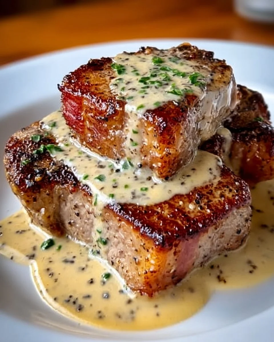Maple Bacon Pork Chops with Dijon Mustard Cream Sauce plated elegantly