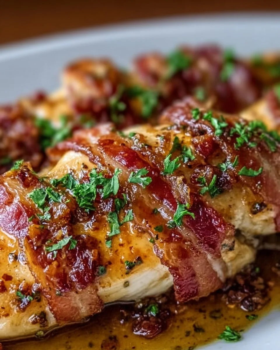Delicious Maple Garlic Bacon Chicken with crispy bacon and succulent chicken pieces