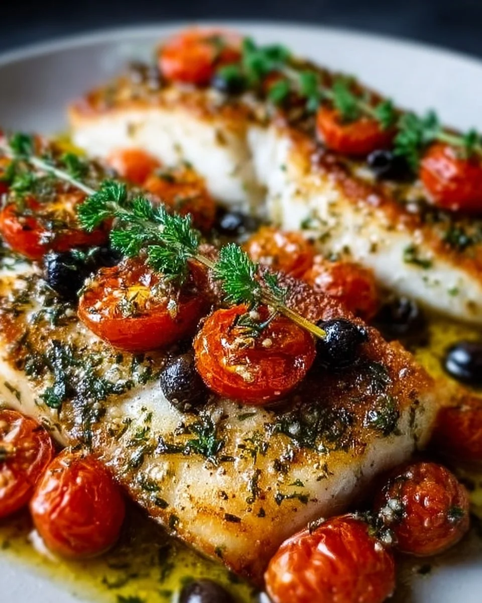 Mediterranean baked fish garnished with olives and herbs