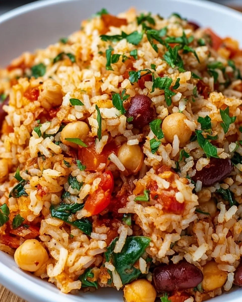 Bowl of Mediterranean rice and beans garnished with herbs and spices