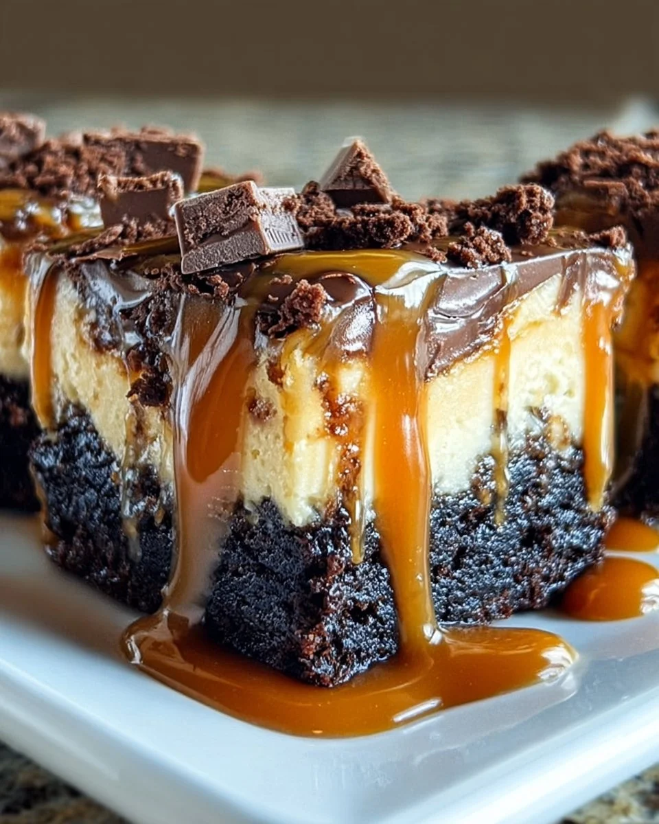 Milky Way caramel cheesecake brownies topped with chocolate and caramel drizzle