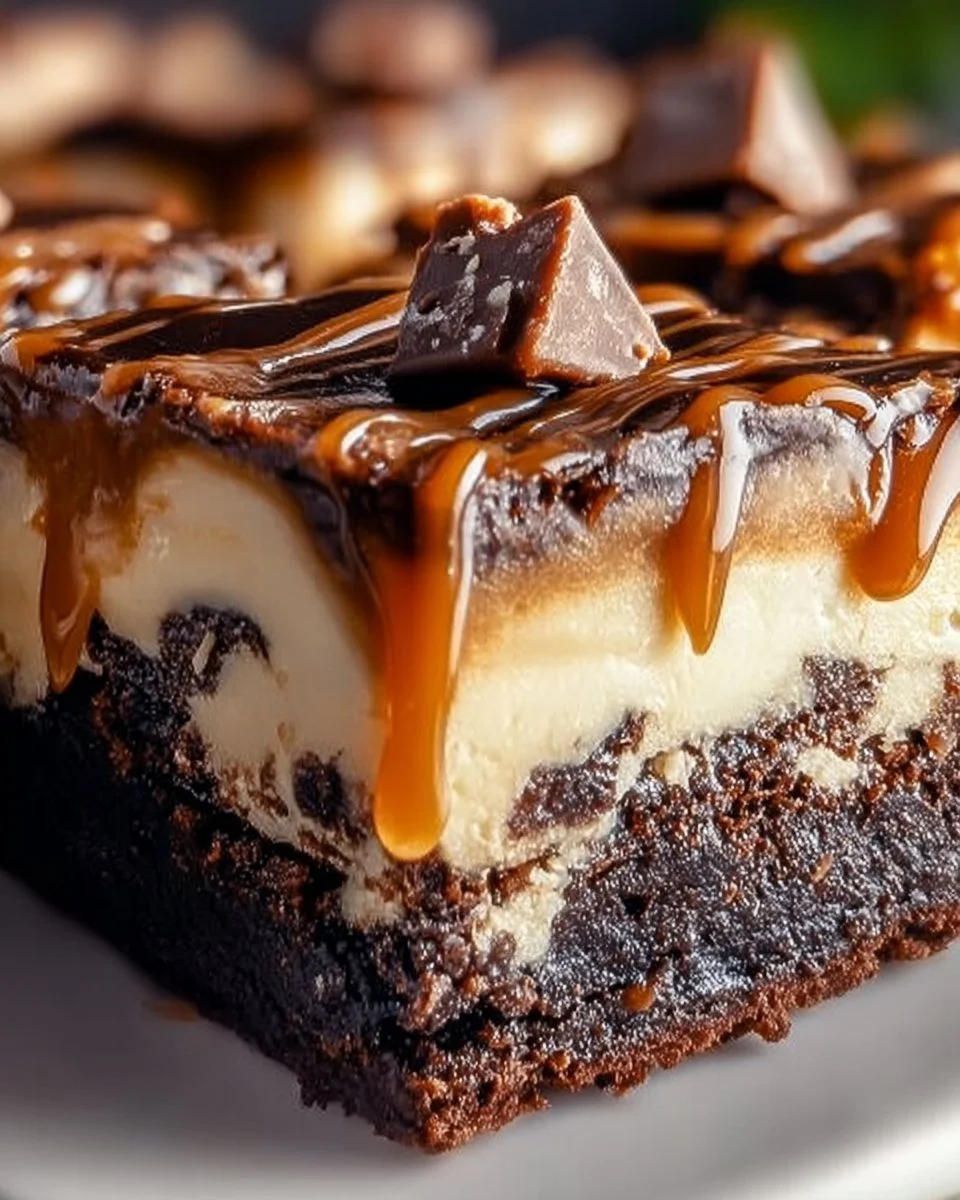 Delicious Milky Way caramel cheesecake brownies with chocolate and creamy layers.