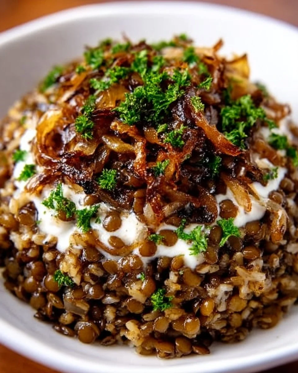Plate of Mujadara featuring rice, lentils, and caramelized onions