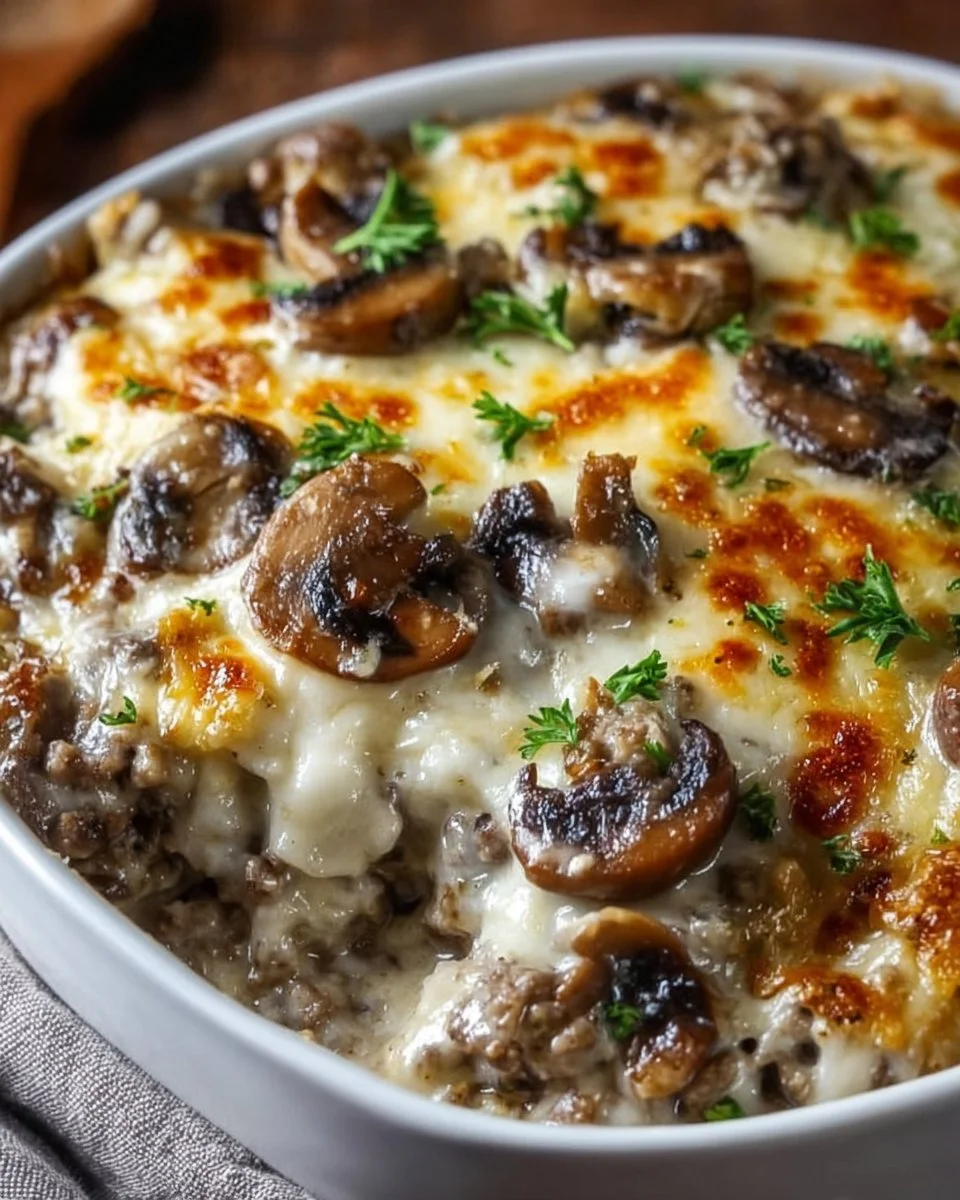 Delicious Mushroom Swiss Burger Casserole topped with melted cheese and mushrooms.