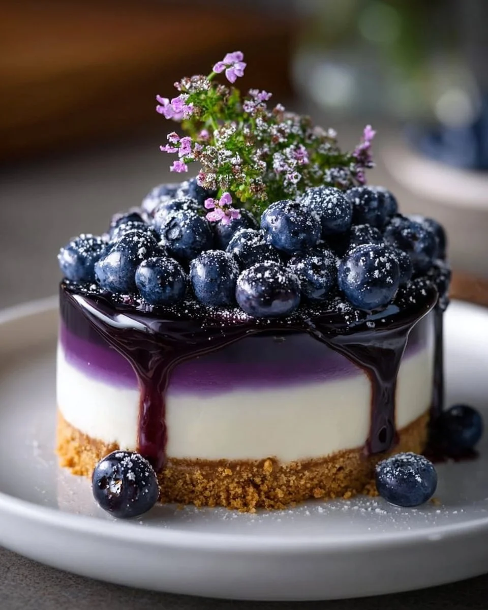 No-bake blueberry cheesecake topped with fresh blueberries and whipped cream