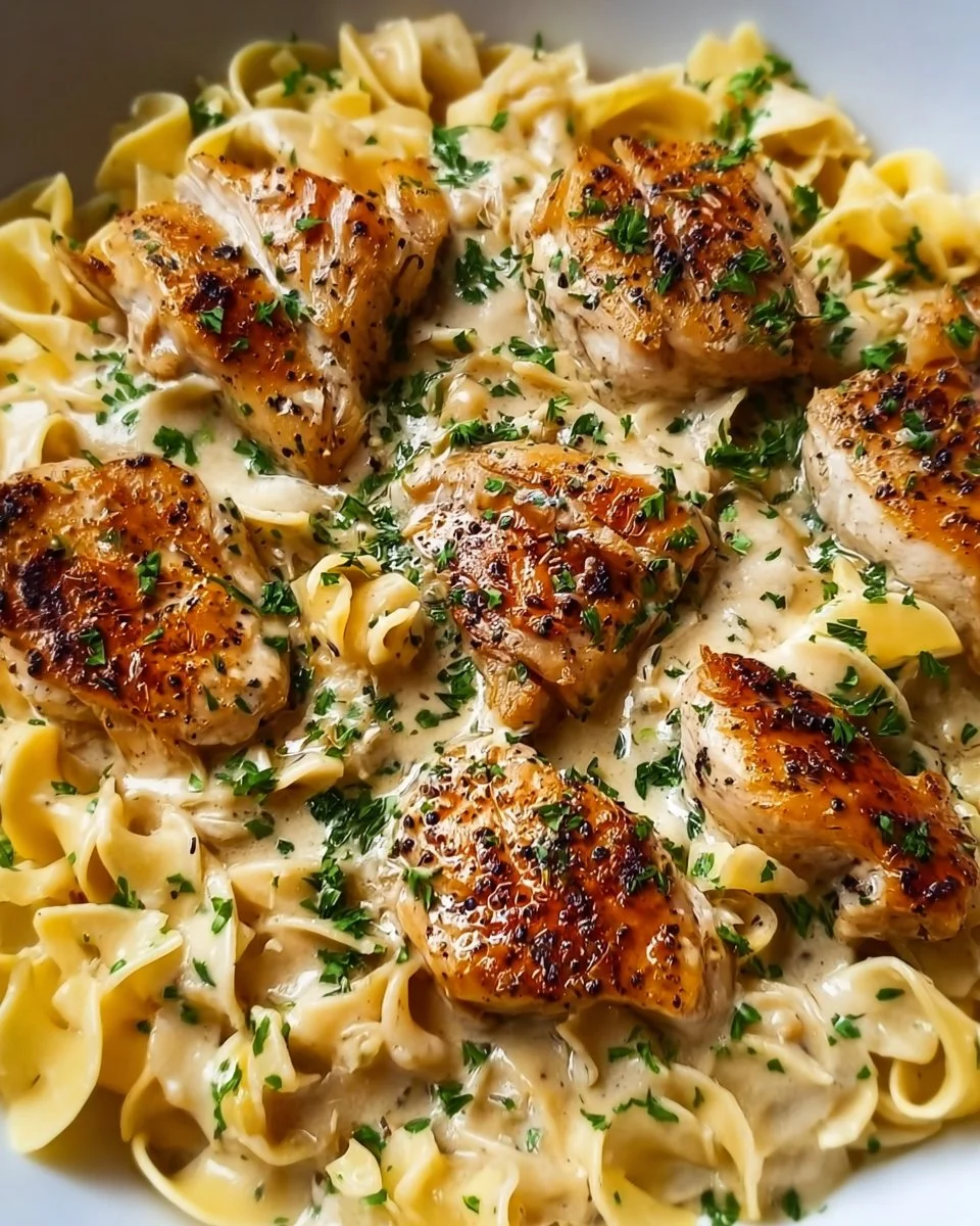 One-pan creamy garlic butter chicken served with egg noodles