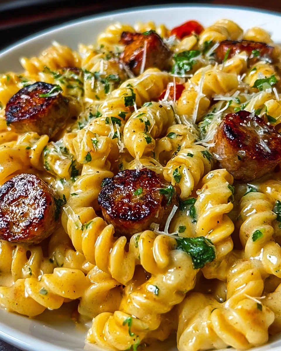 One-Pan White Cheddar Ranch Sausage Magic Pasta dish served in a bowl
