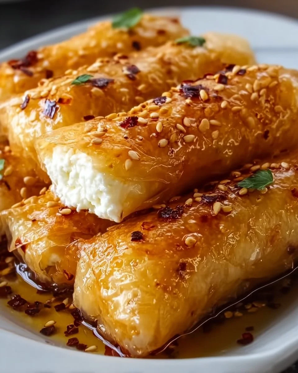 Oven-fried feta rolls drizzled with chili honey on a plate