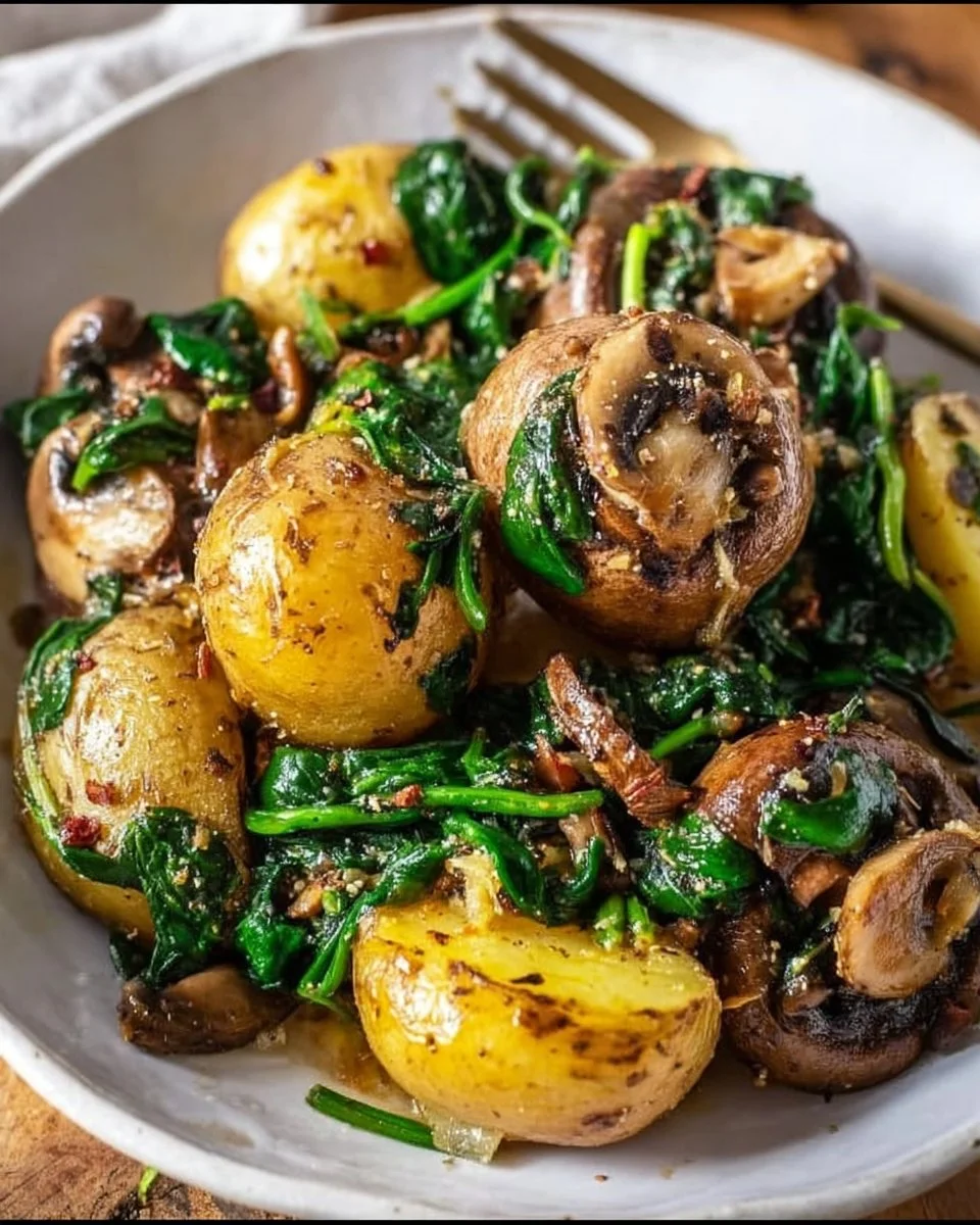 Oven-roasted potatoes with spinach and mushrooms on a plate