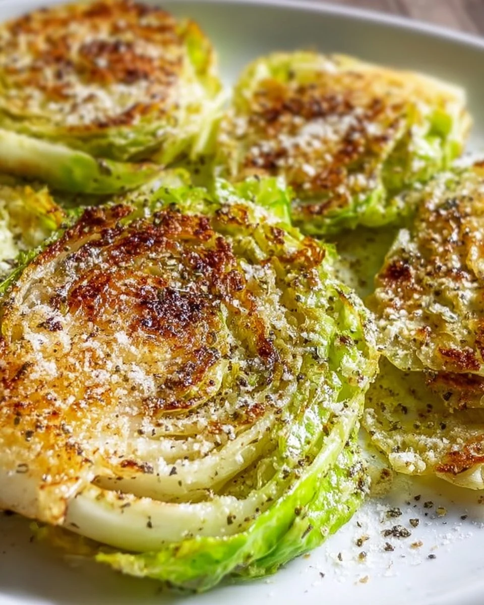 Oven-roasted Parmesan Cabbage Steaks topped with herbs and spices.