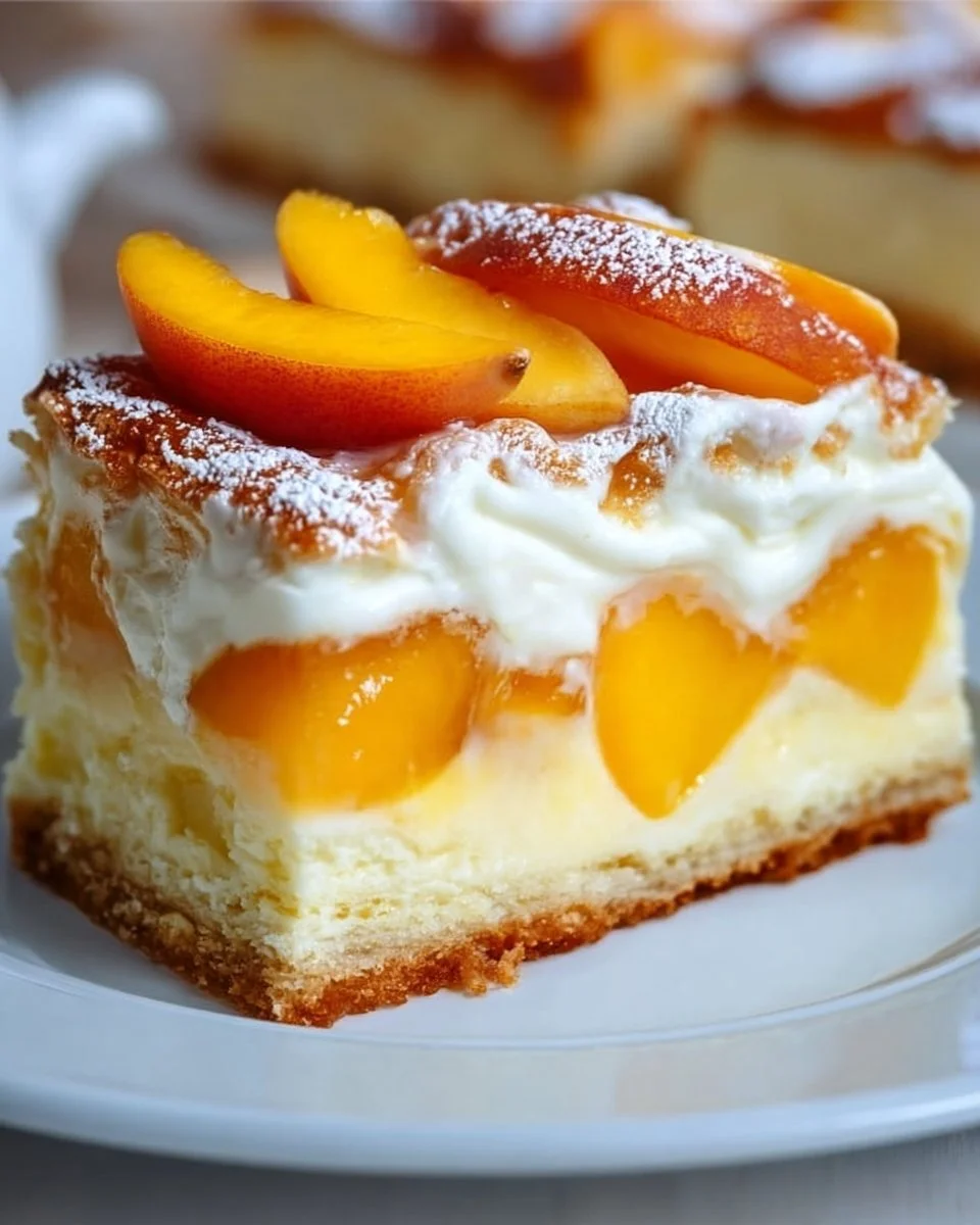 Peaches and cream cheesecake bars dessert with fresh peaches and a creamy topping
