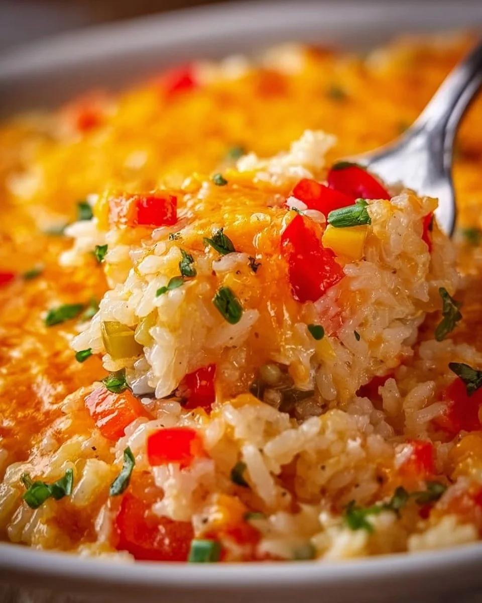 Delicious Pepper Jack Rice Bake with creamy rice and melted cheese