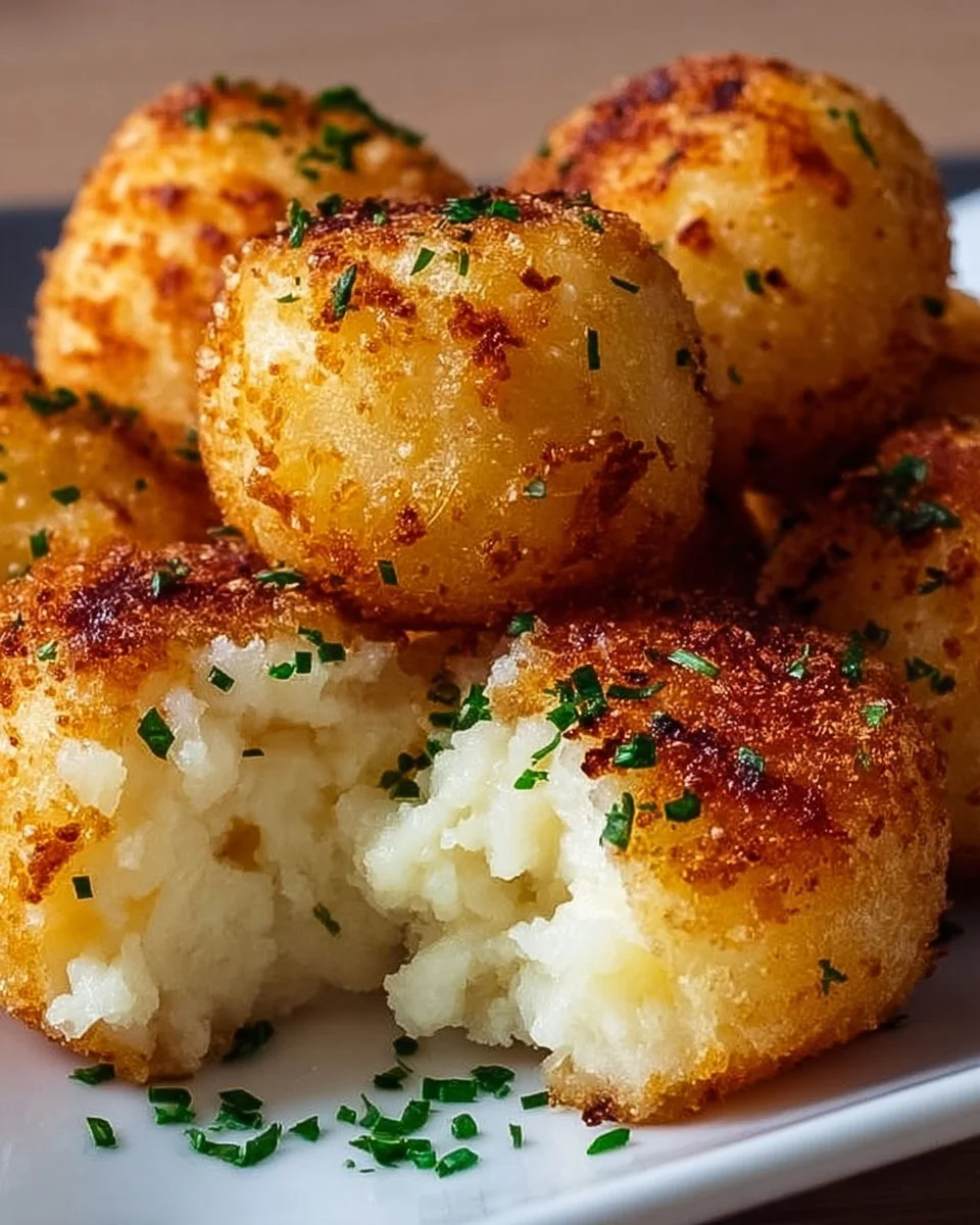 Cheesy mashed potato balls garnished and ready to serve.