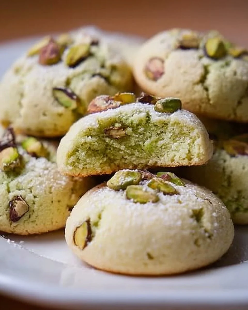 Pistachio cookies and almond cookies displayed on a plate, showcasing delicious recipes.