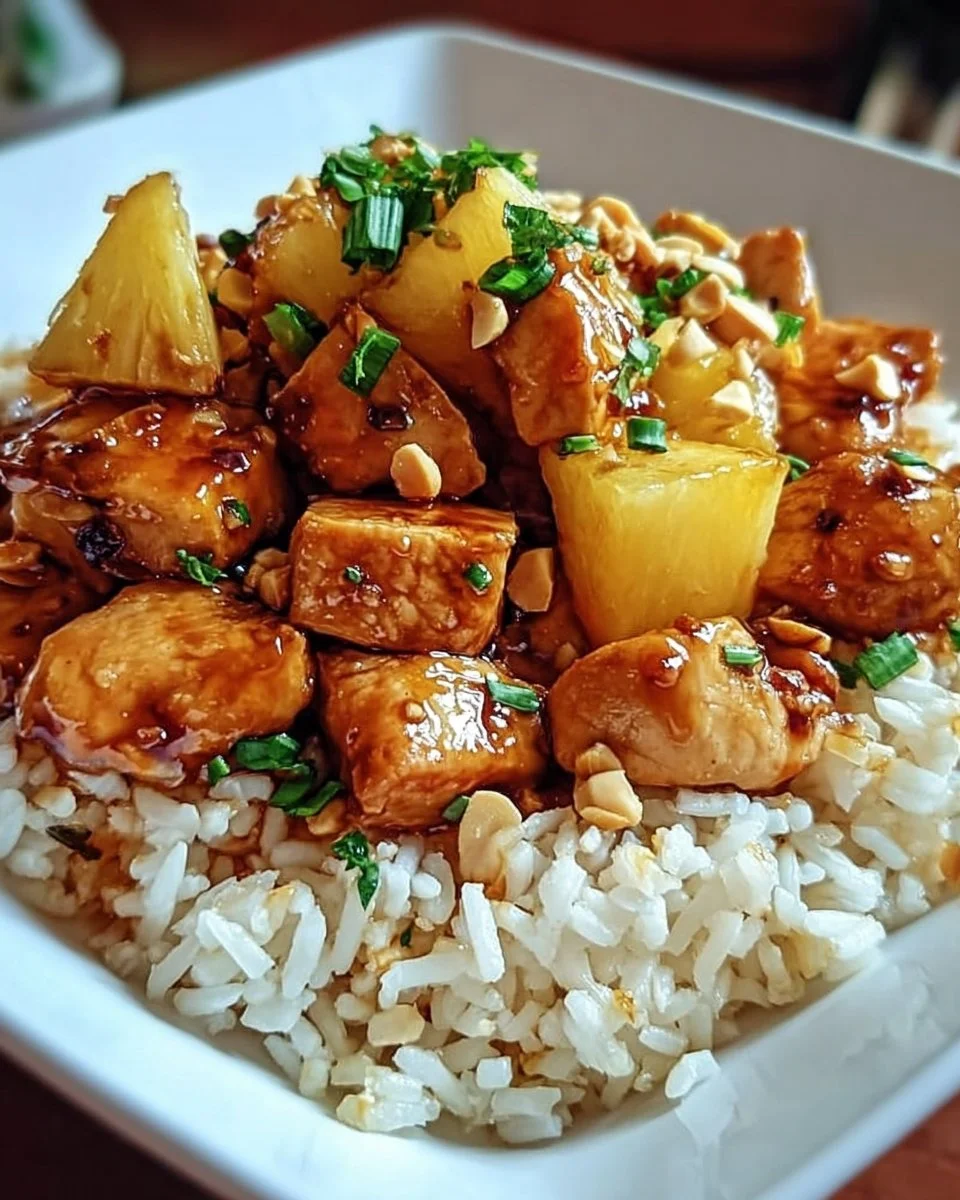 Delicious pineapple chicken served over rice in a colorful bowl.