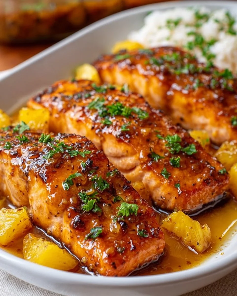 Delicious Pineapple Glazed Salmon served with garnishes
