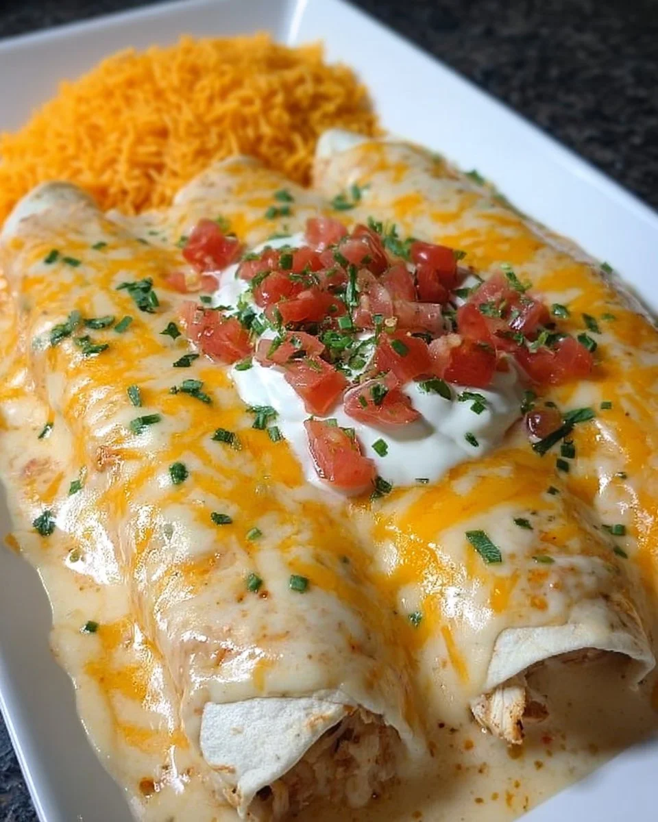 Delicious Queso Chicken Enchiladas served on a plate with toppings.