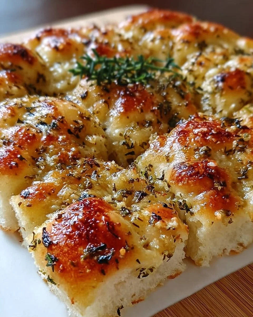 Delicious Quick Garlic Parmesan Focaccia bread topped with herbs and cheese.