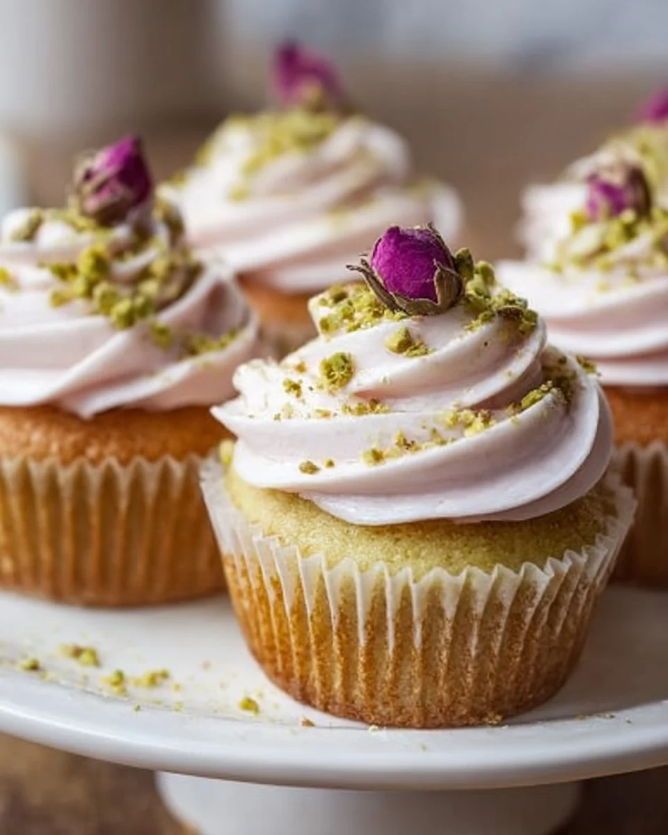 Rose and Pistachio Cupcakes beautifully decorated with rose petals and nuts.