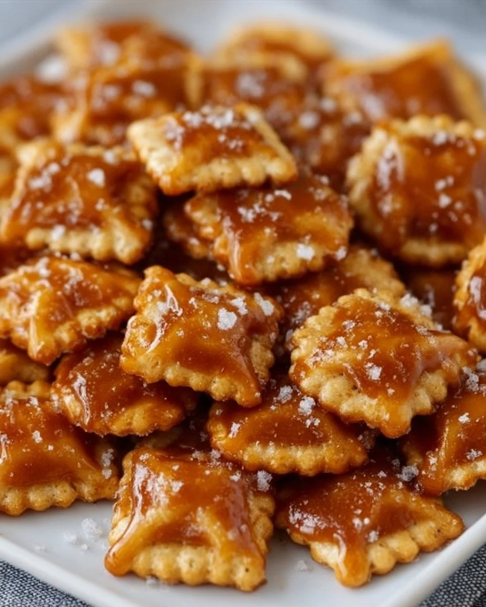 Plate of salted caramel cracker bites with a drizzle of caramel sauce
