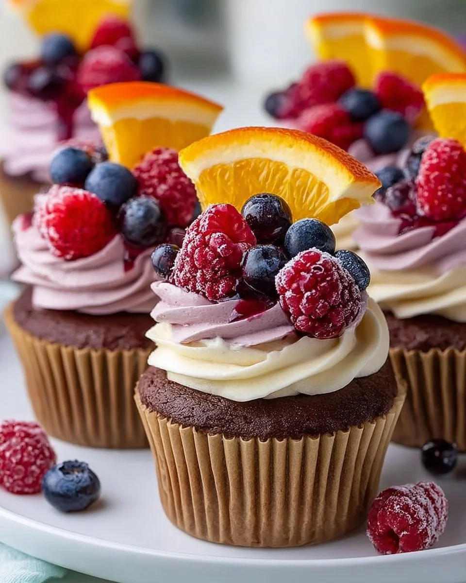 Delicious Sangria Cupcakes topped with colorful fruit and frosting