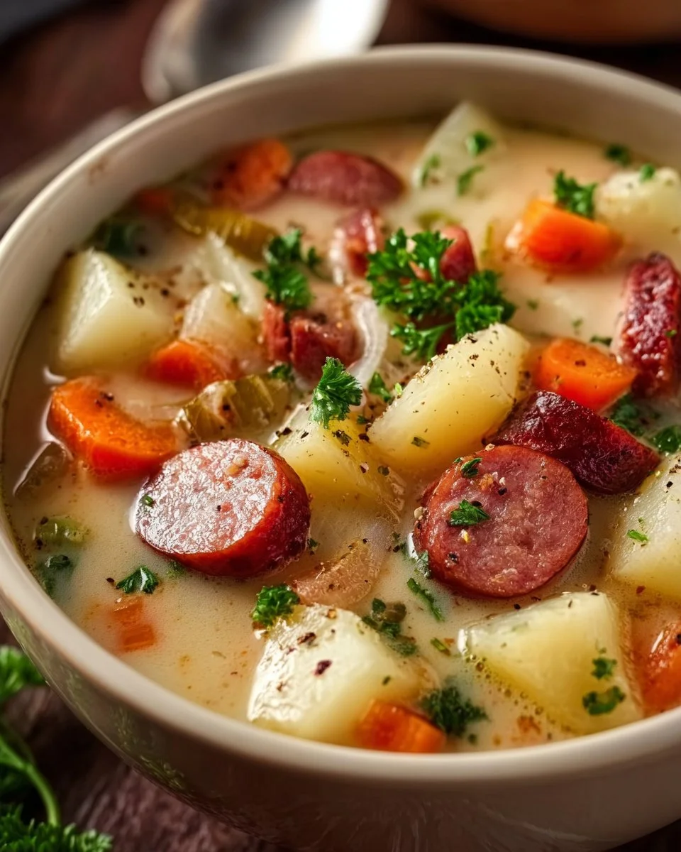 Bowl of delicious Sausage Potato Soup with potatoes and sausage floating in creamy broth