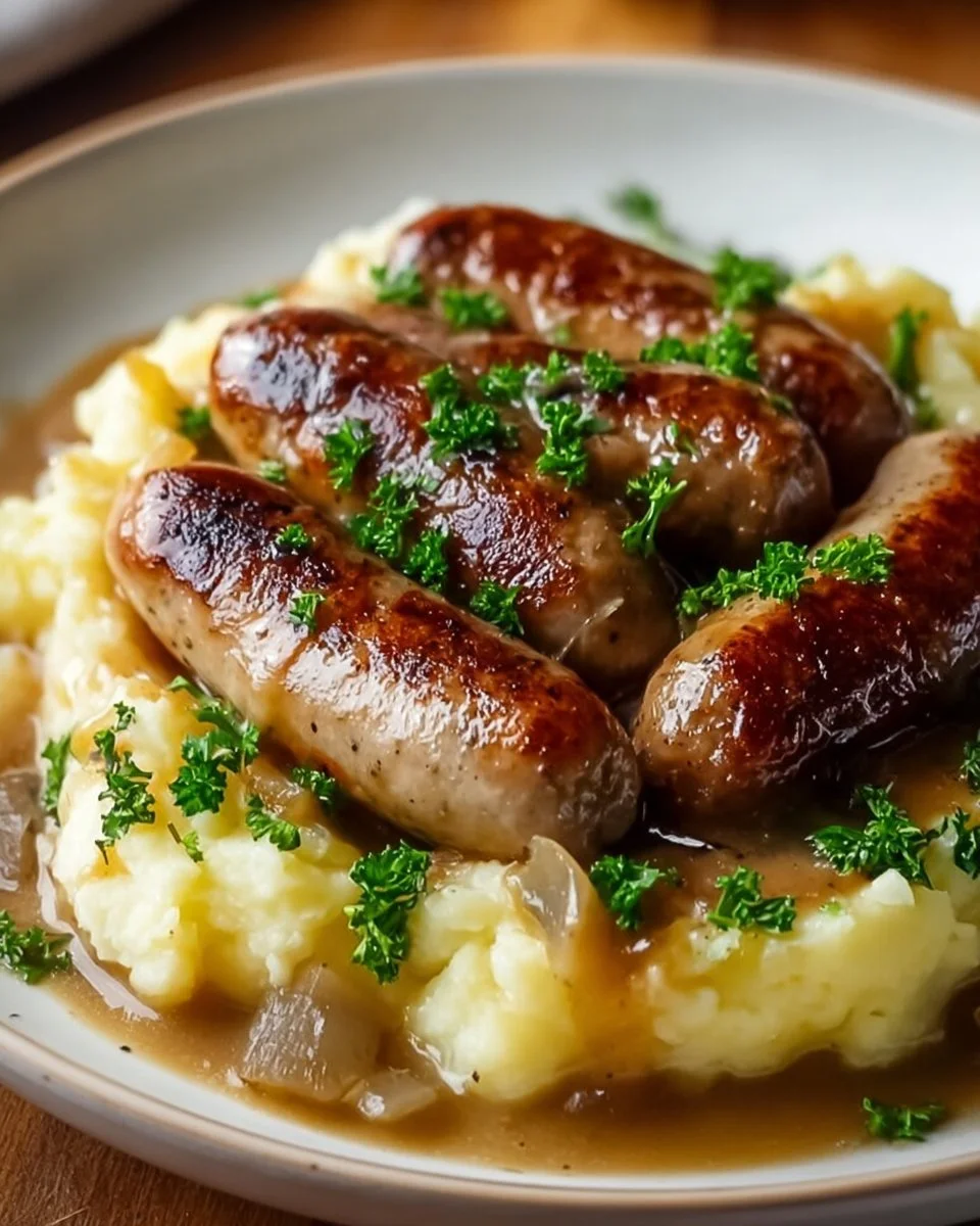 Bangers and mash served with creamy gravy, showcasing comfort food at its best.