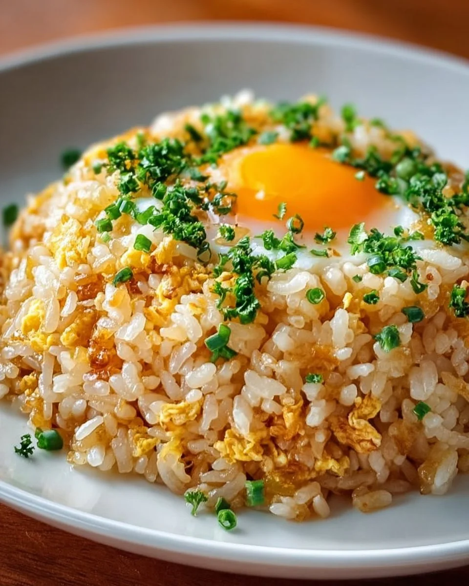 Bowl of savory Japanese garlic fried rice with herbs and vegetables