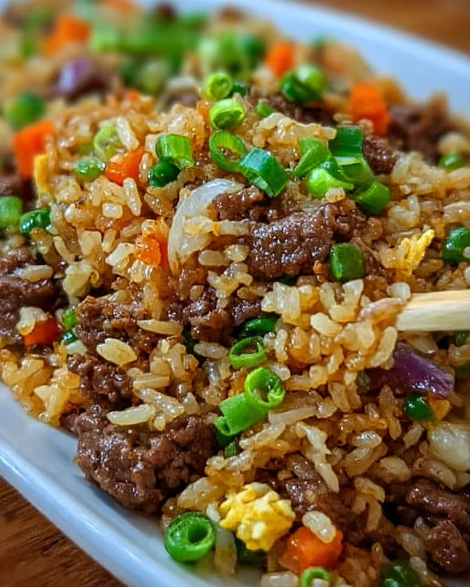 Delicious savory onion beef fried rice in a bowl garnished with green onions.
