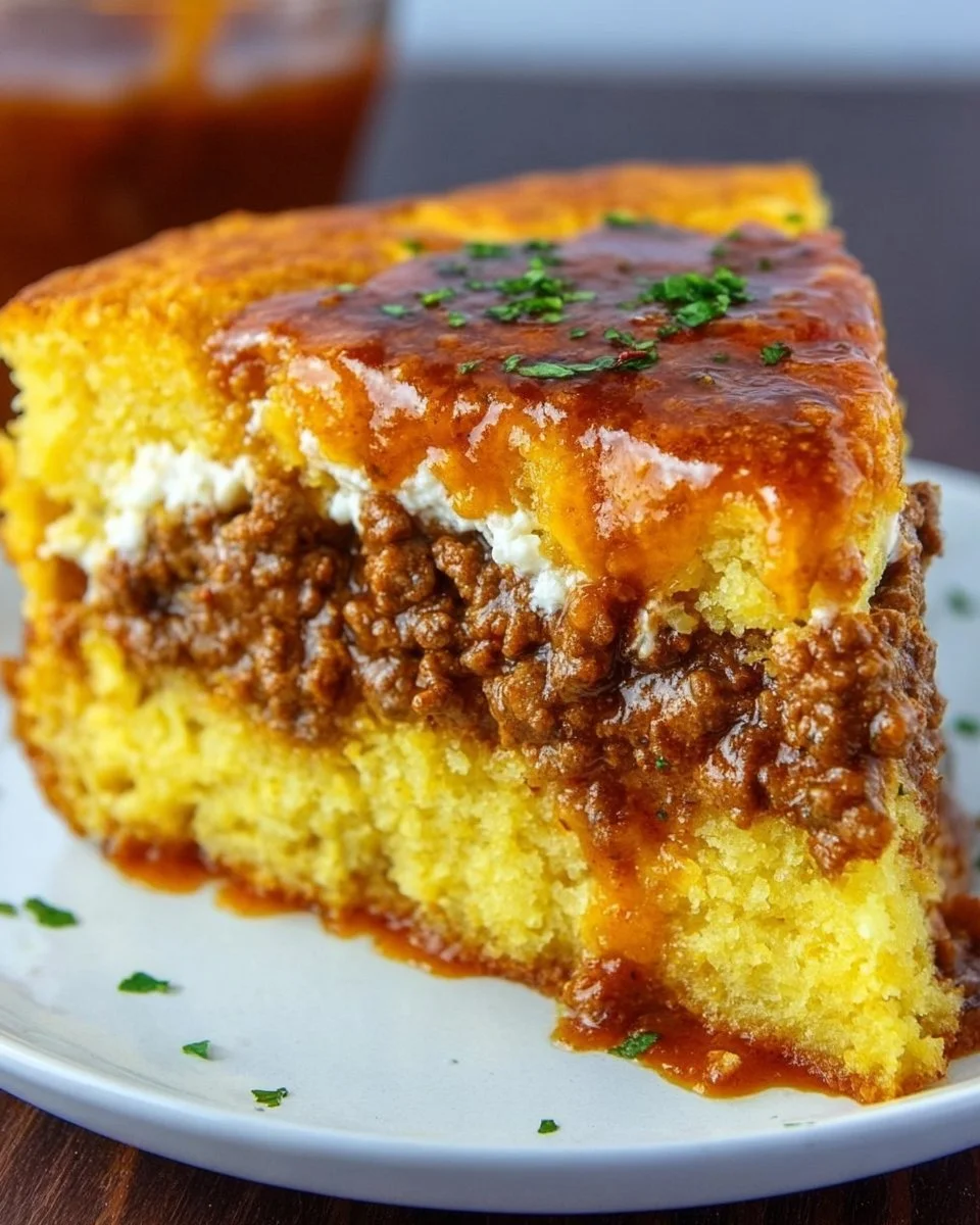 Delicious Sloppy Joe Casserole topped with golden cornbread and served in a skillet.
