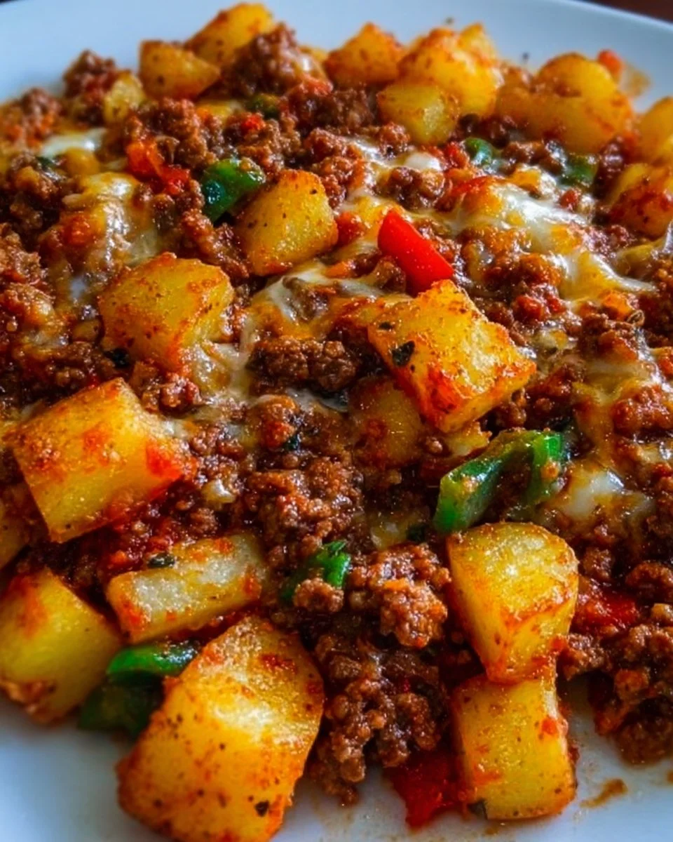Sloppy Joe Potato Skillet with ground beef and potatoes in a skillet