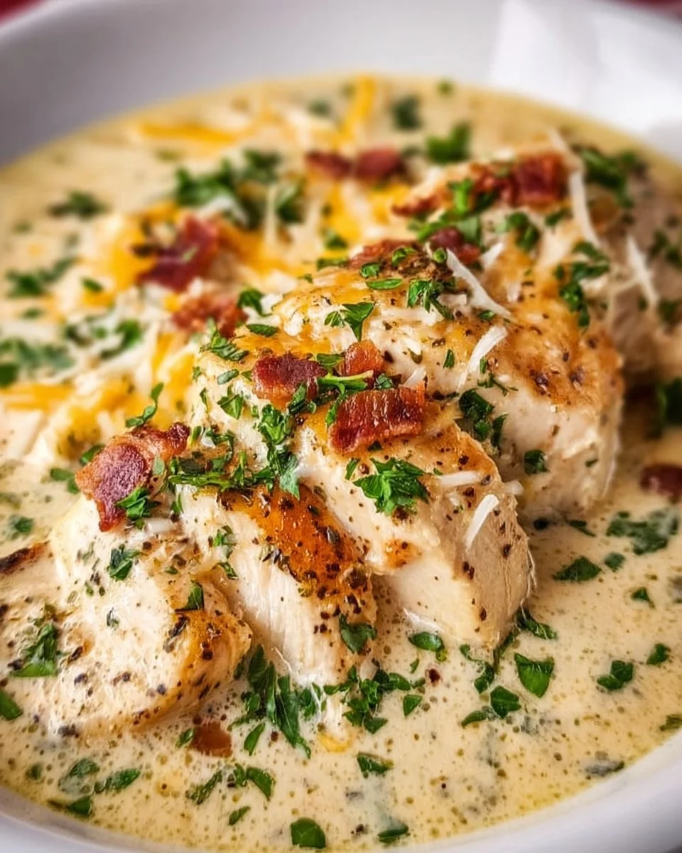 Bowl of Slow Cooker Keto Chicken Cream Cheese Soup topped with herbs