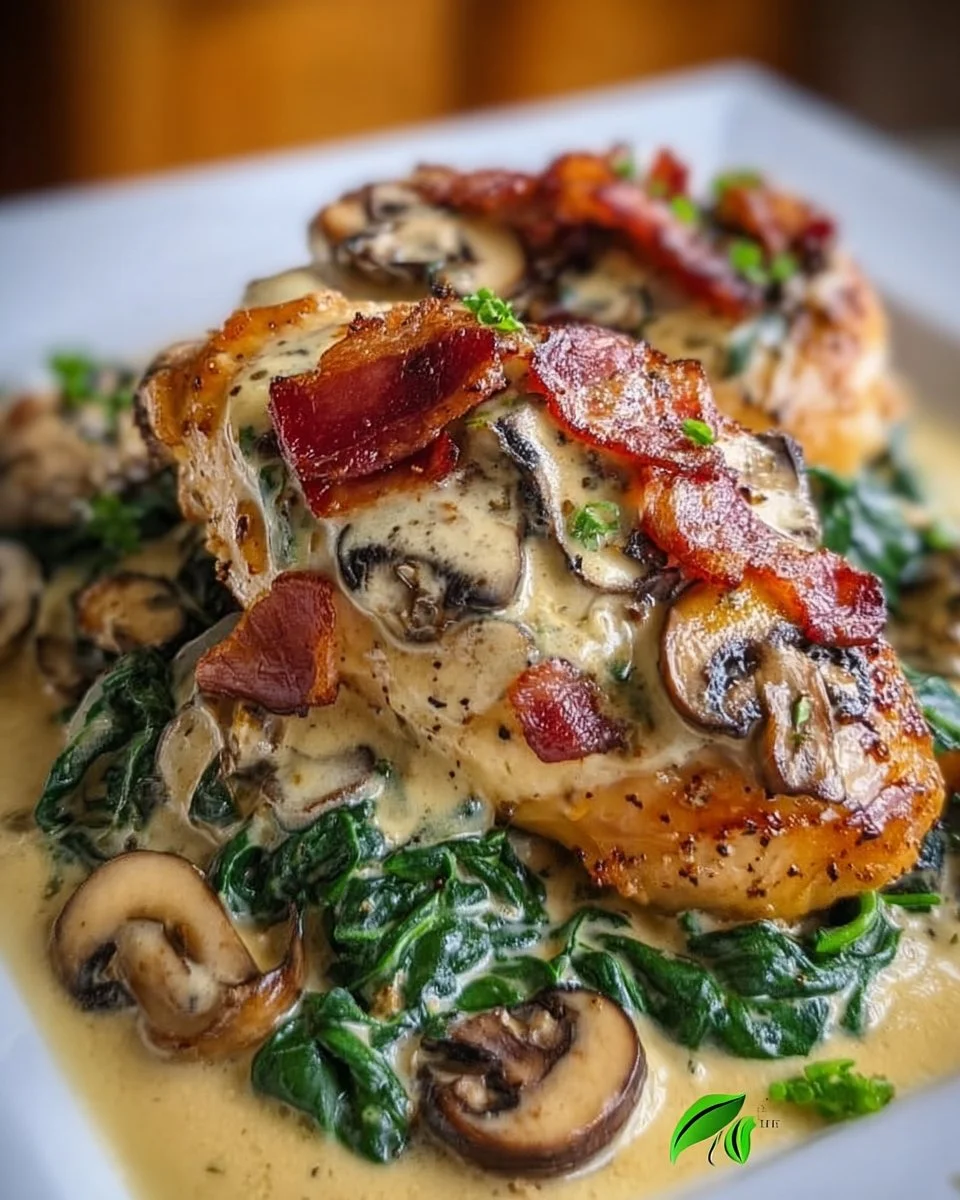 Plate of smothered chicken with creamed spinach, bacon, and mushrooms