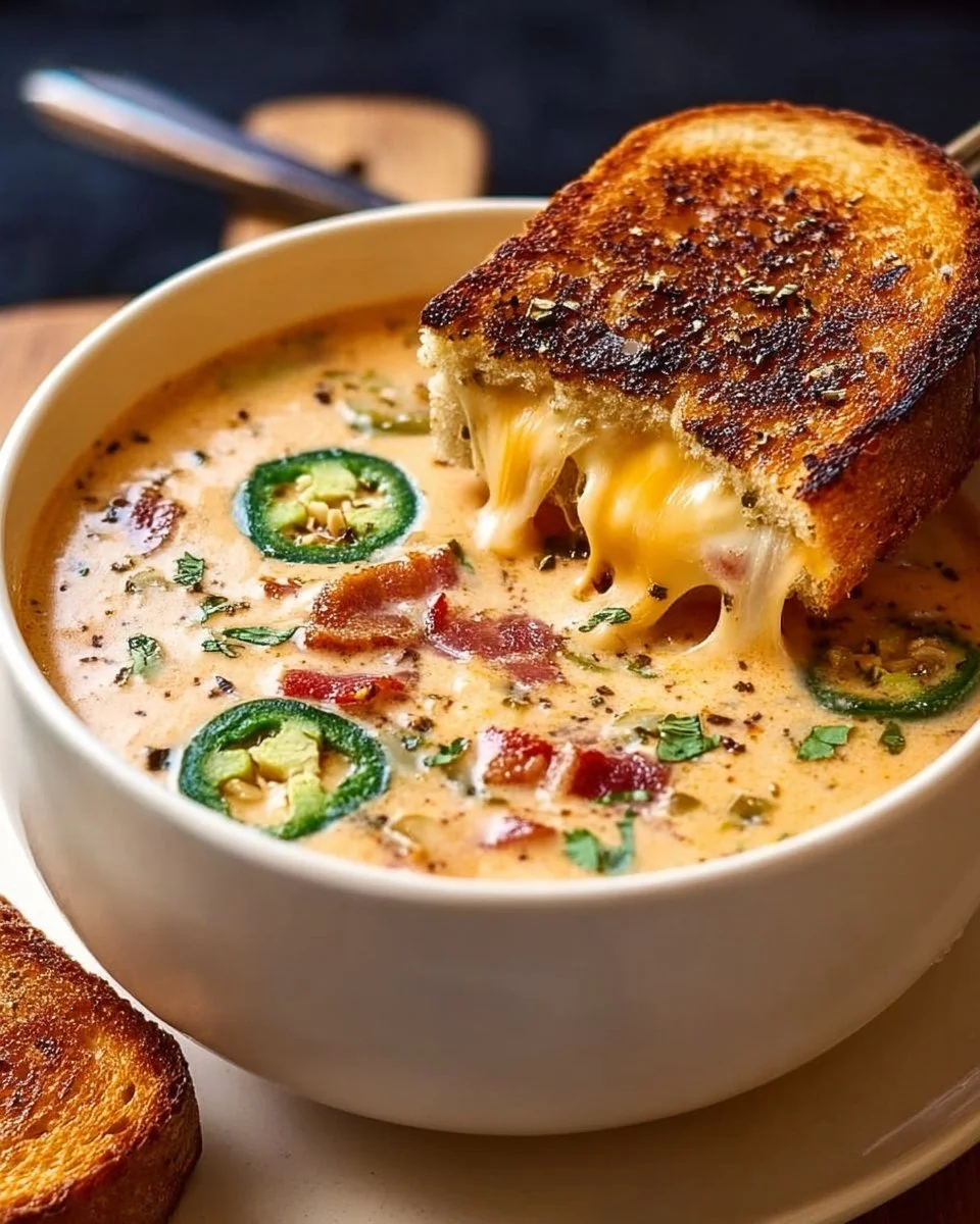 Delicious spicy Jalapeño Popper Soup served with grilled cheese dippers.