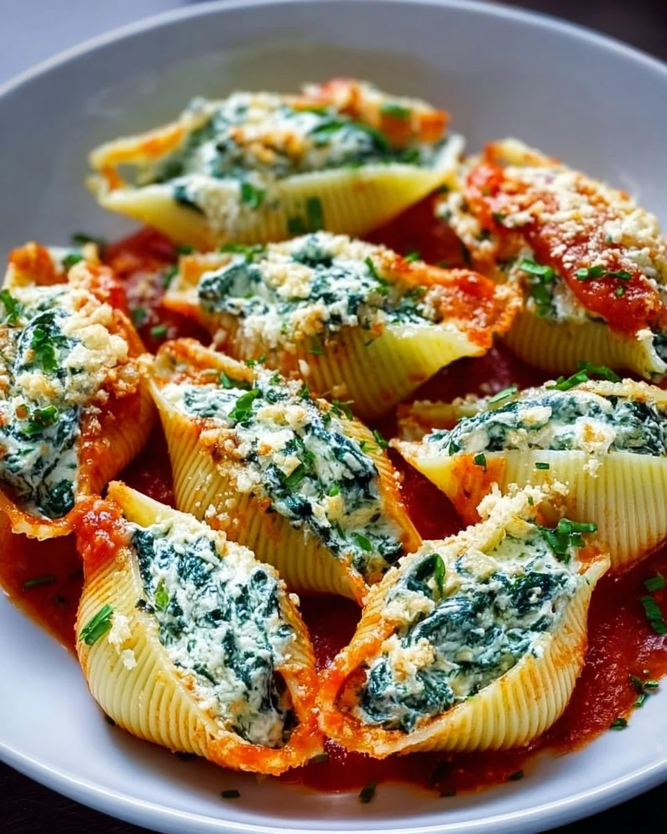 Delicious spinach and ricotta stuffed shells on a plate