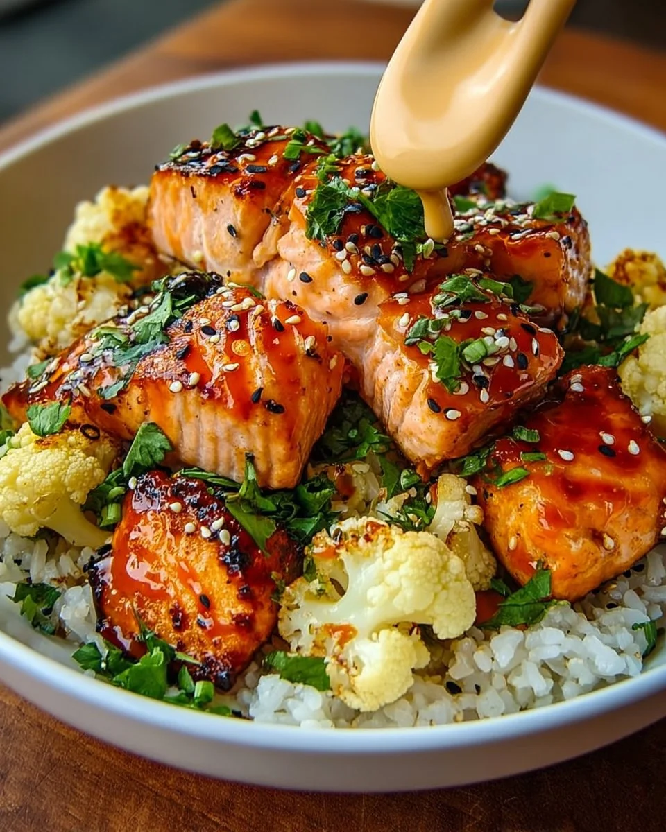 Sriracha Honey Salmon Bowl with vibrant vegetables and rice