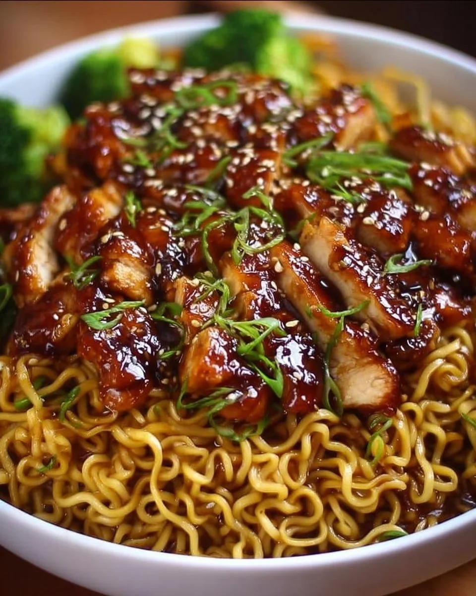 Delicious Sticky Garlic Chicken Noodles served in a bowl