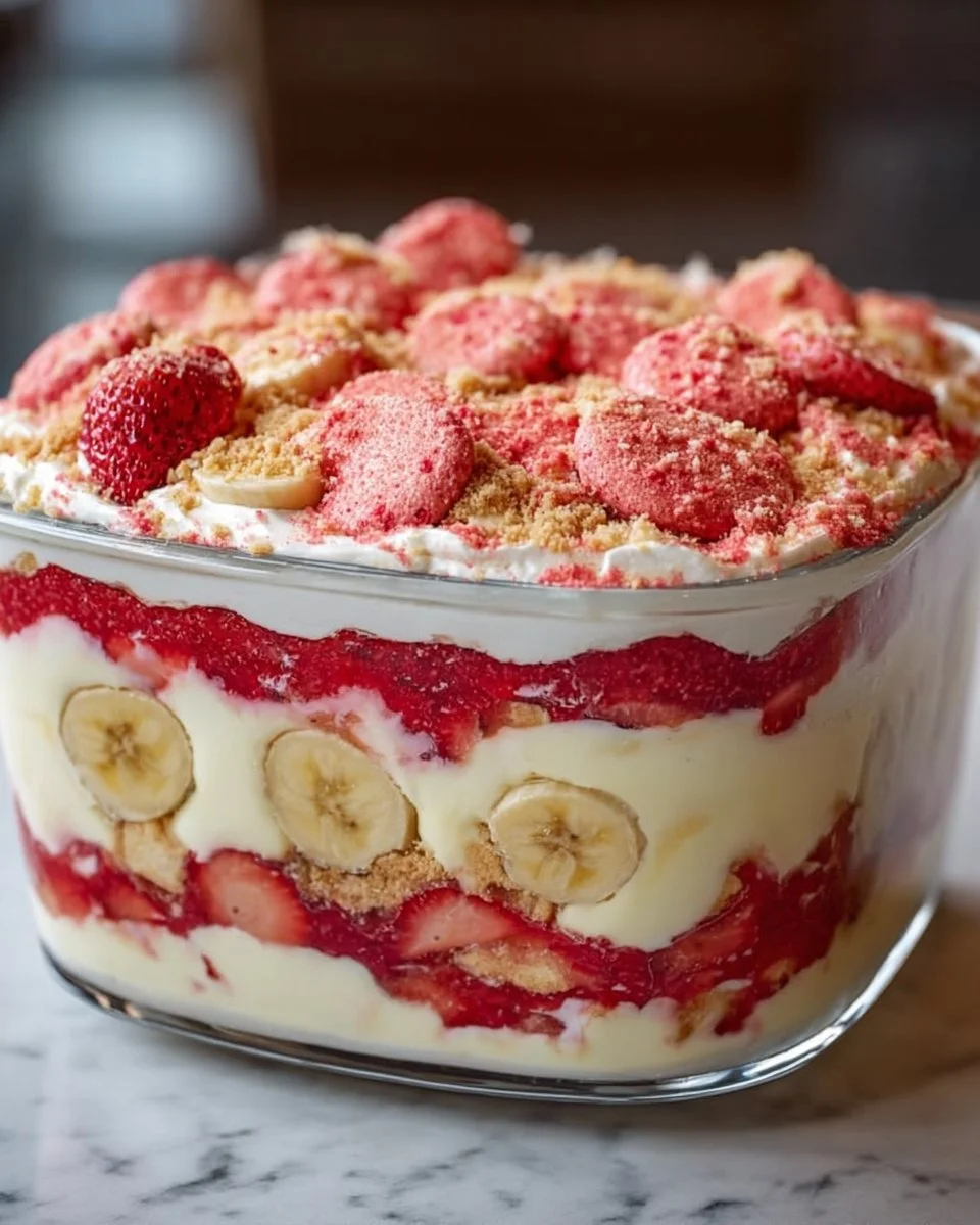 Strawberry Crunch Banana Pudding dessert served in a bowl with fresh strawberries