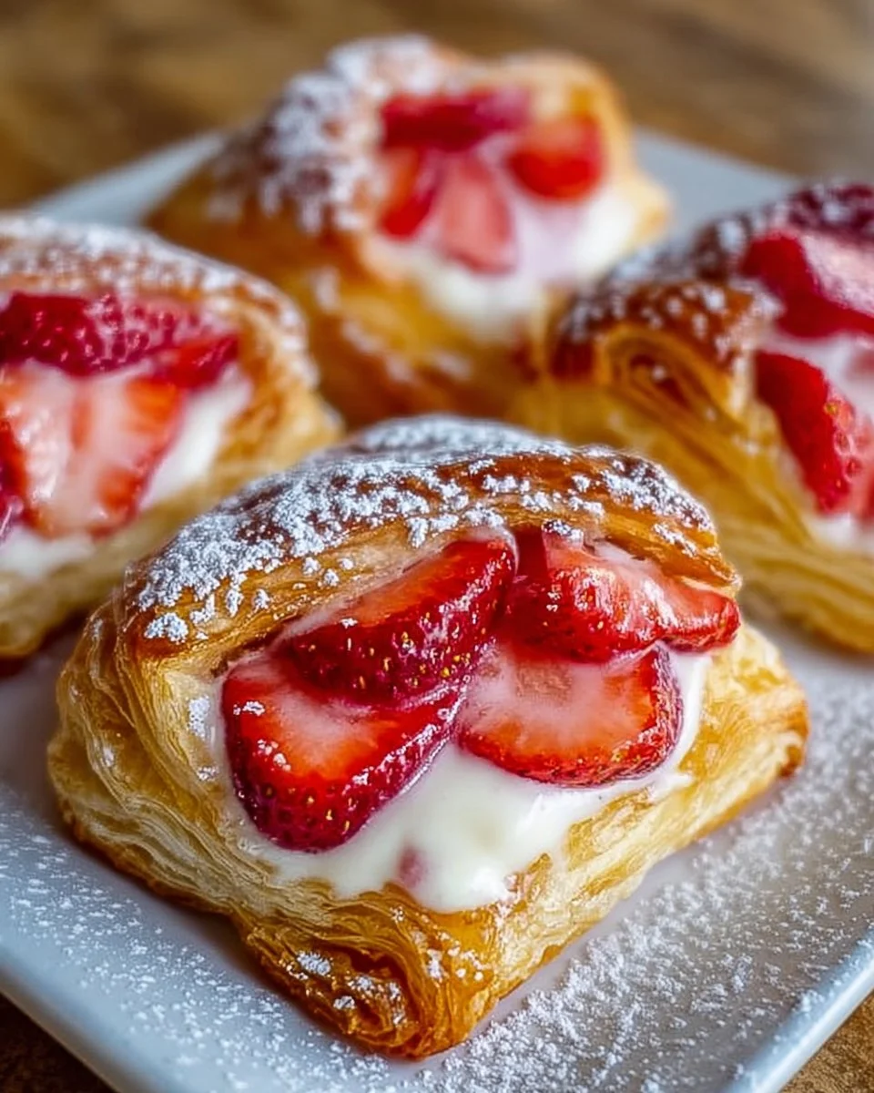 Freshly baked Strawberry Danish with a golden flaky crust and juicy strawberry filling
