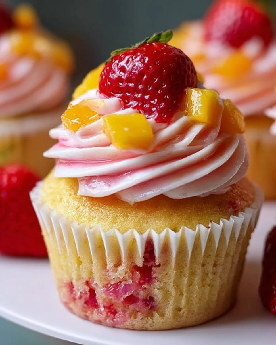 Delicious Strawberry Mango Cupcakes topped with fresh fruit and frosting