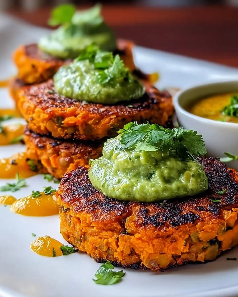 Delicious sweet potato patties served with avocado cilantro sauce and mango chutney