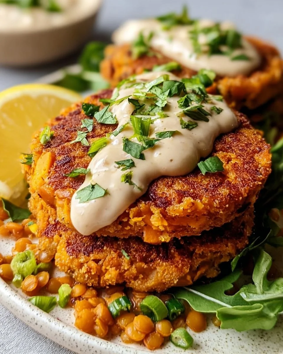 Sweet potato patties with red lentils and tangy tahini dressing on a plate